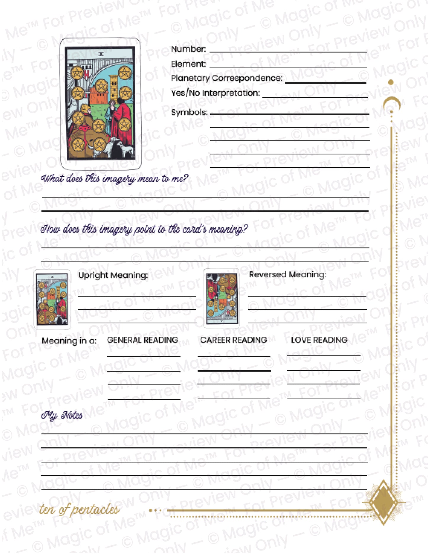 Tarot card analysis sheet with a card on the left and text fields on the right.