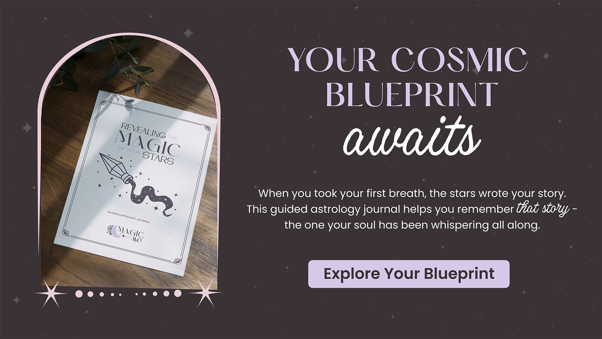Promotional graphic for a guided astrology journal with text about cosmic blueprint and exploration.