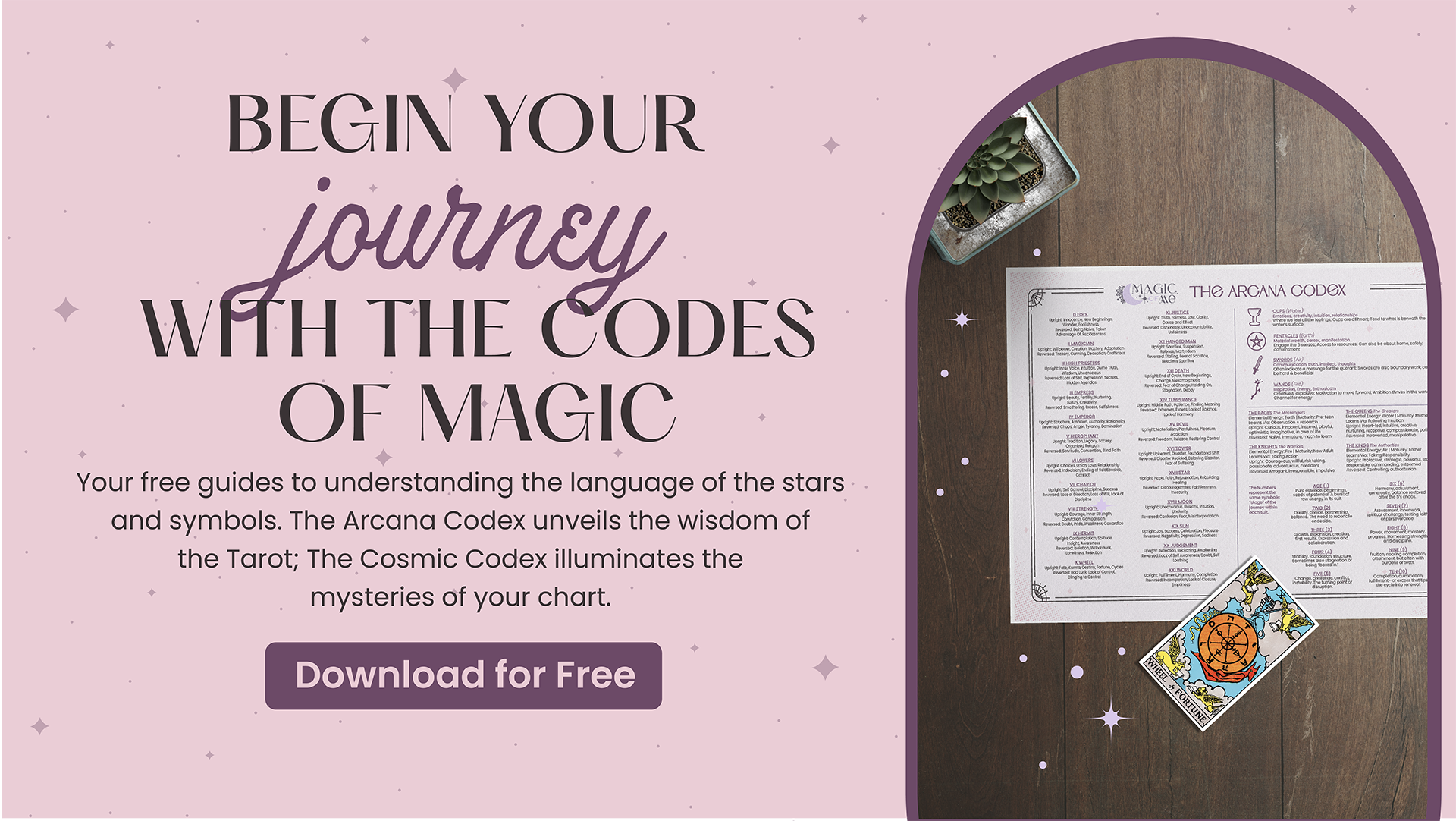 Promotional graphic for 'The Arcana Codex and the Cosmic Codex' with text and tarot card images on a pink background.