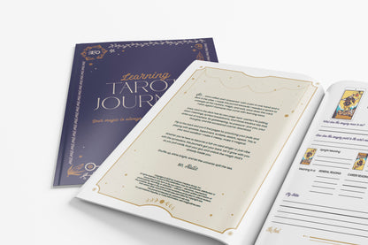 Open tarot journal with pages showing text and images on a white background