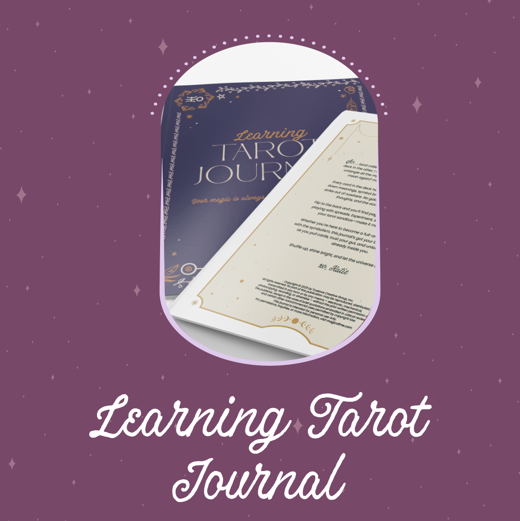 Learning Tarot Journal on a purple background with text overlay