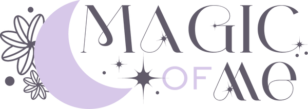 Logo with 'Magic of Me' text, flowers, and a moon on a white background