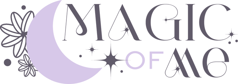 Logo with 'Magic of Me' text, flowers, and a moon on a white background