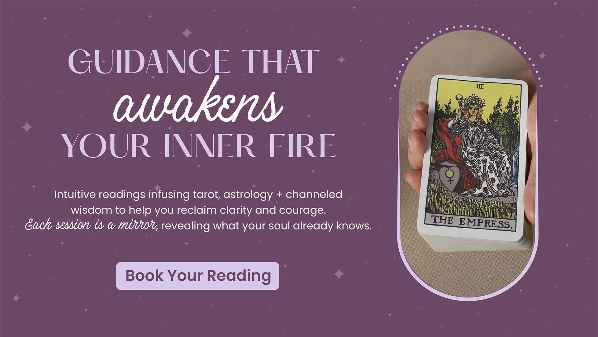 Tarot card held by a hand with promotional text on a purple background