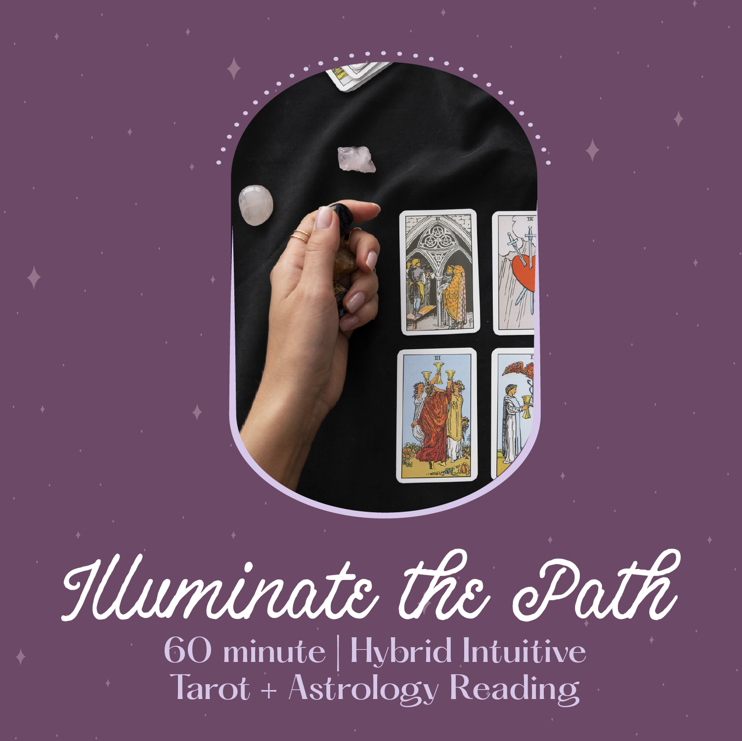 Hand holding tarot cards with promotional text for a tarot and astrology reading service on a purple background.