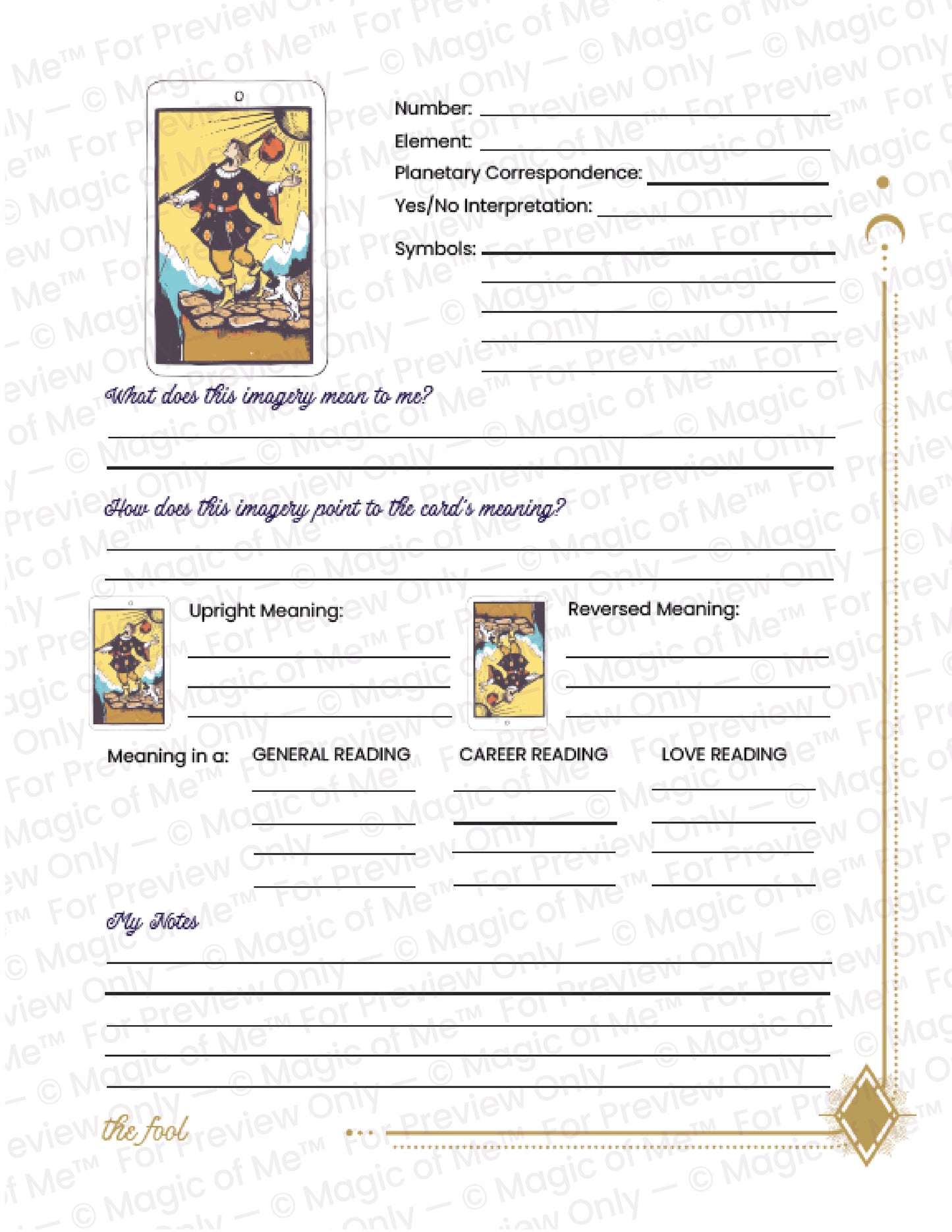 Tarot card reading worksheet with space for analysis and interpretations