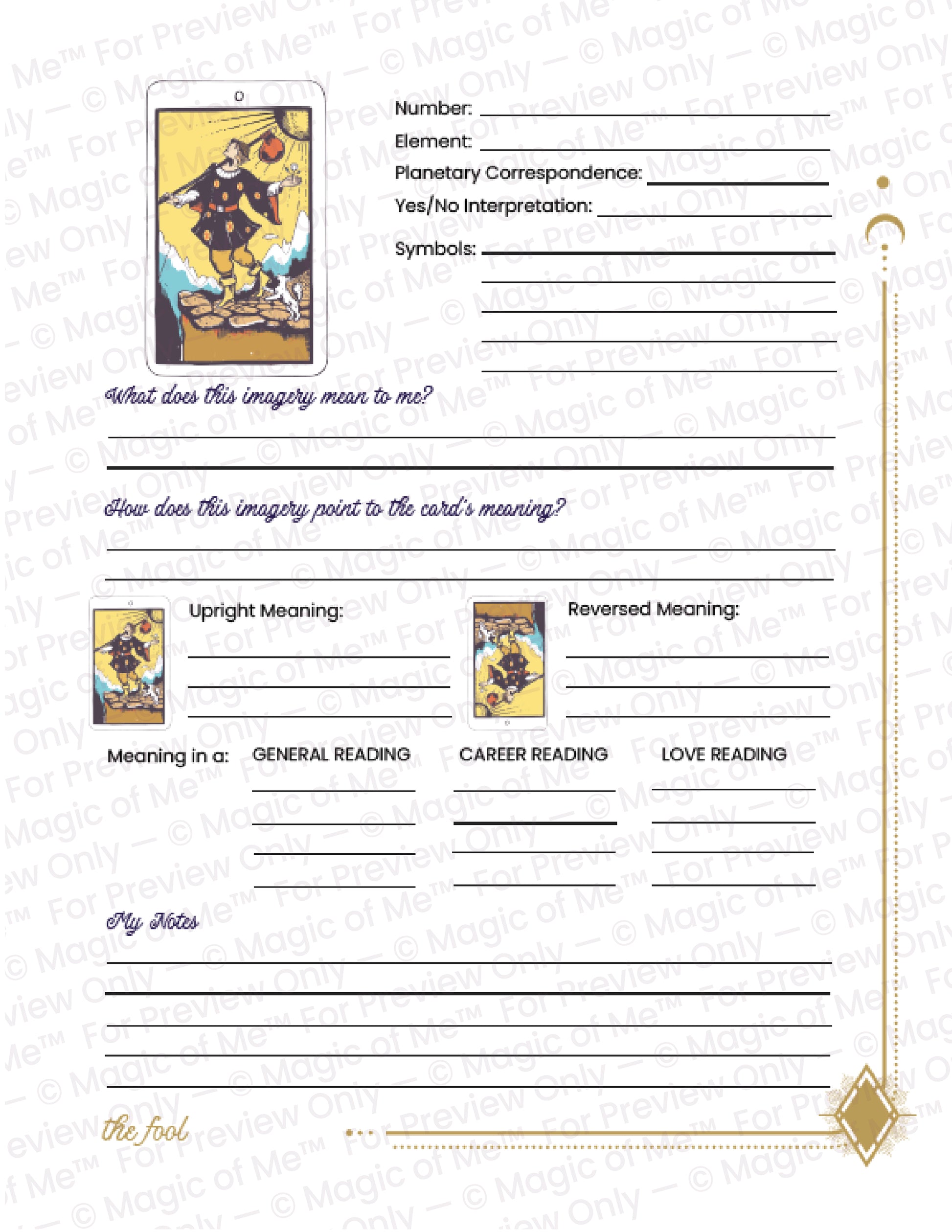 Tarot card reading worksheet with space for analysis and interpretations