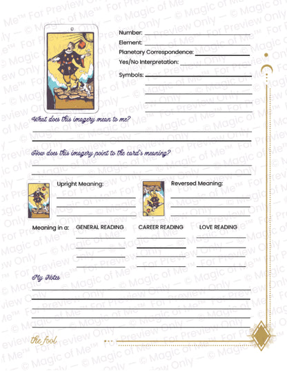 Tarot card reading worksheet with space for analysis and interpretations