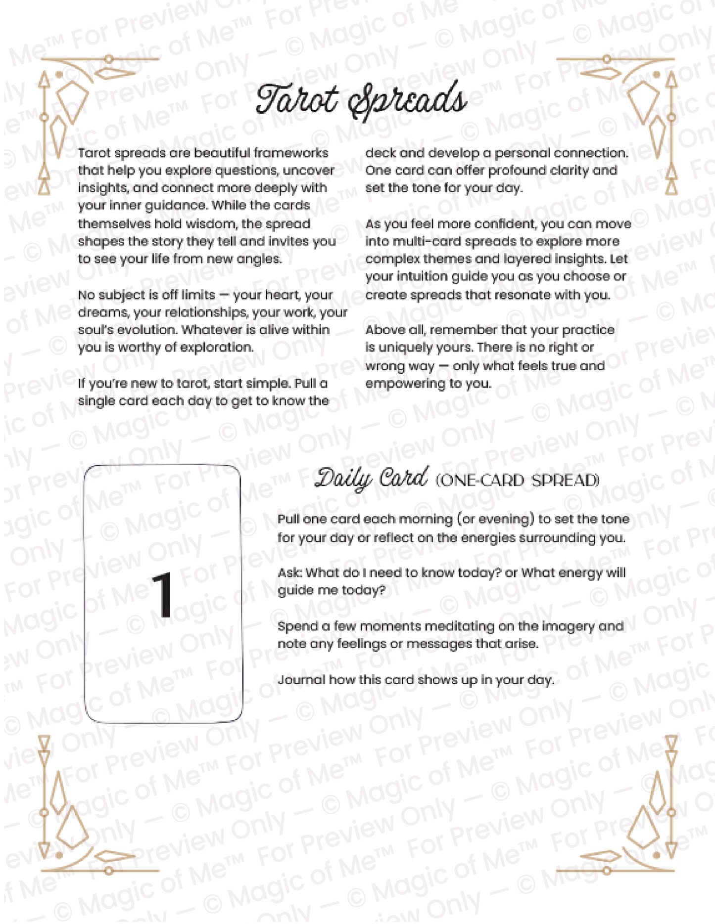 Instructions for using a tarot card spread on a white background with decorative elements.
