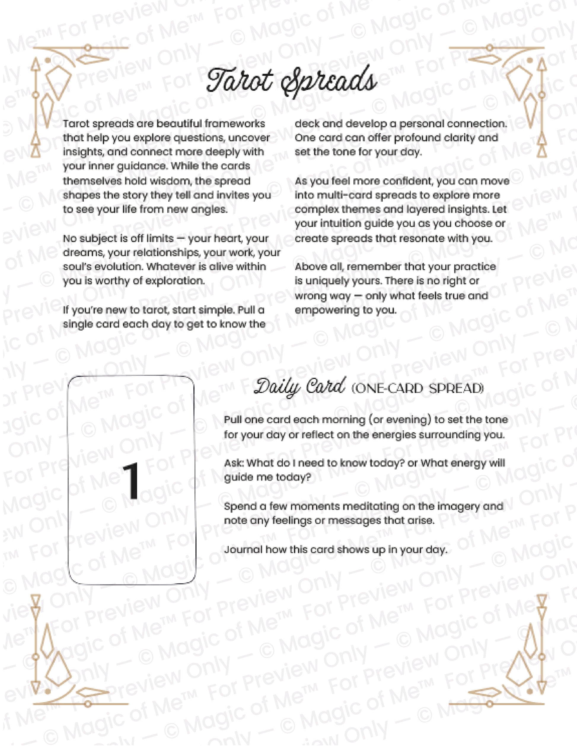 Instructions for using a tarot card spread on a white background with decorative elements.
