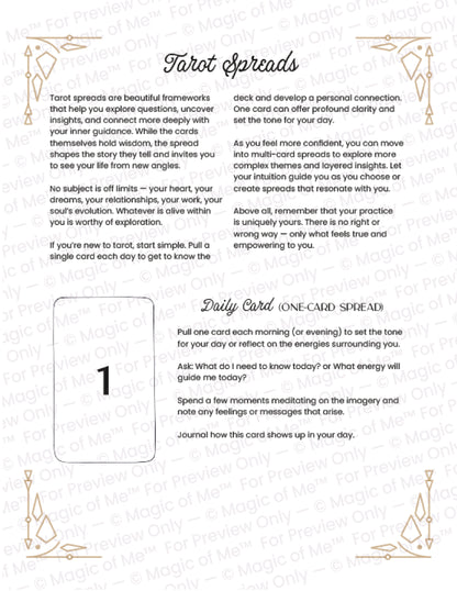 Instructions for using a tarot card spread on a white background with decorative elements.