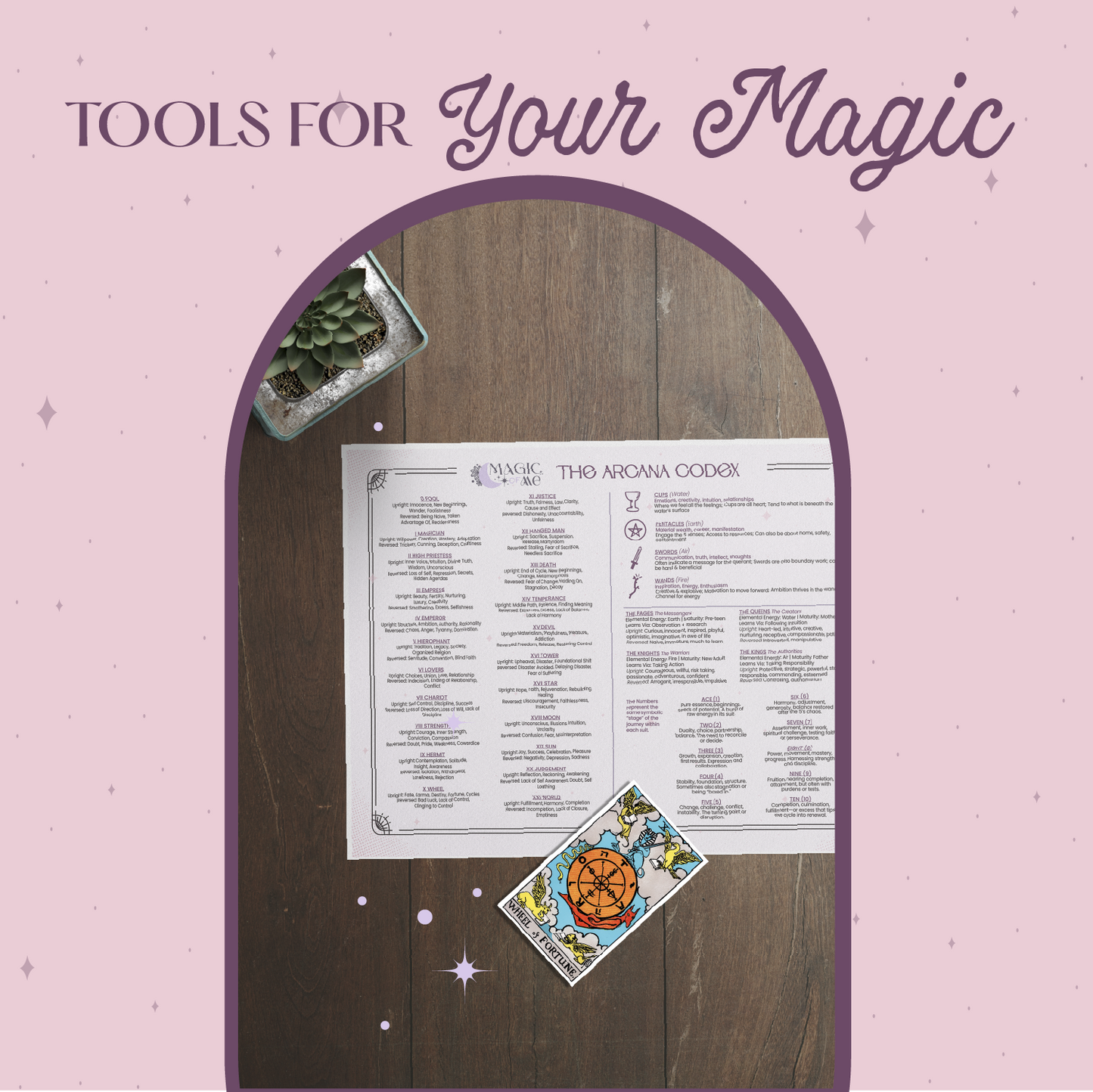 Wooden surface with a paper, tarot card, and small container labeled 'Tools for Your Magic' on a pink background.