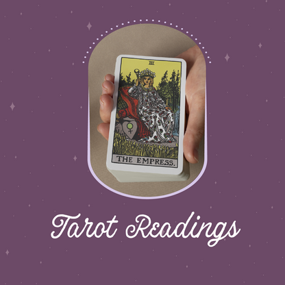 Hand holding a tarot card titled 'The Empress' on a purple background with 'Tarot Readings' text.