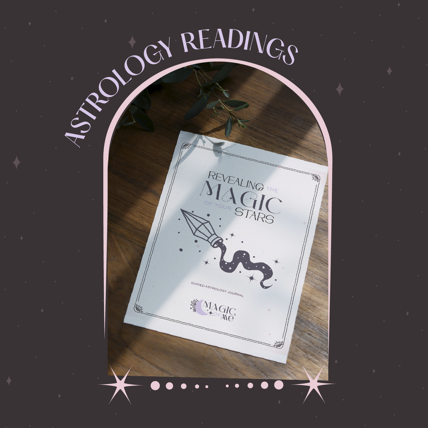 Book titled 'Revealing Magic Stars' on a wooden surface with an archway and star decorations.